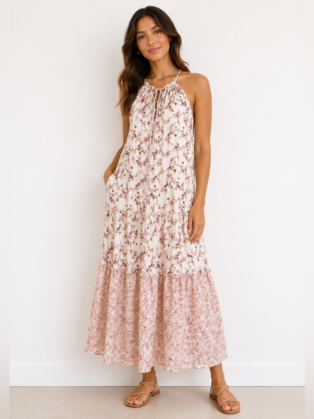 Anthropologie DREW Womens Boho Naomi Chiffon Halter Maxi Dress Pink Floral M